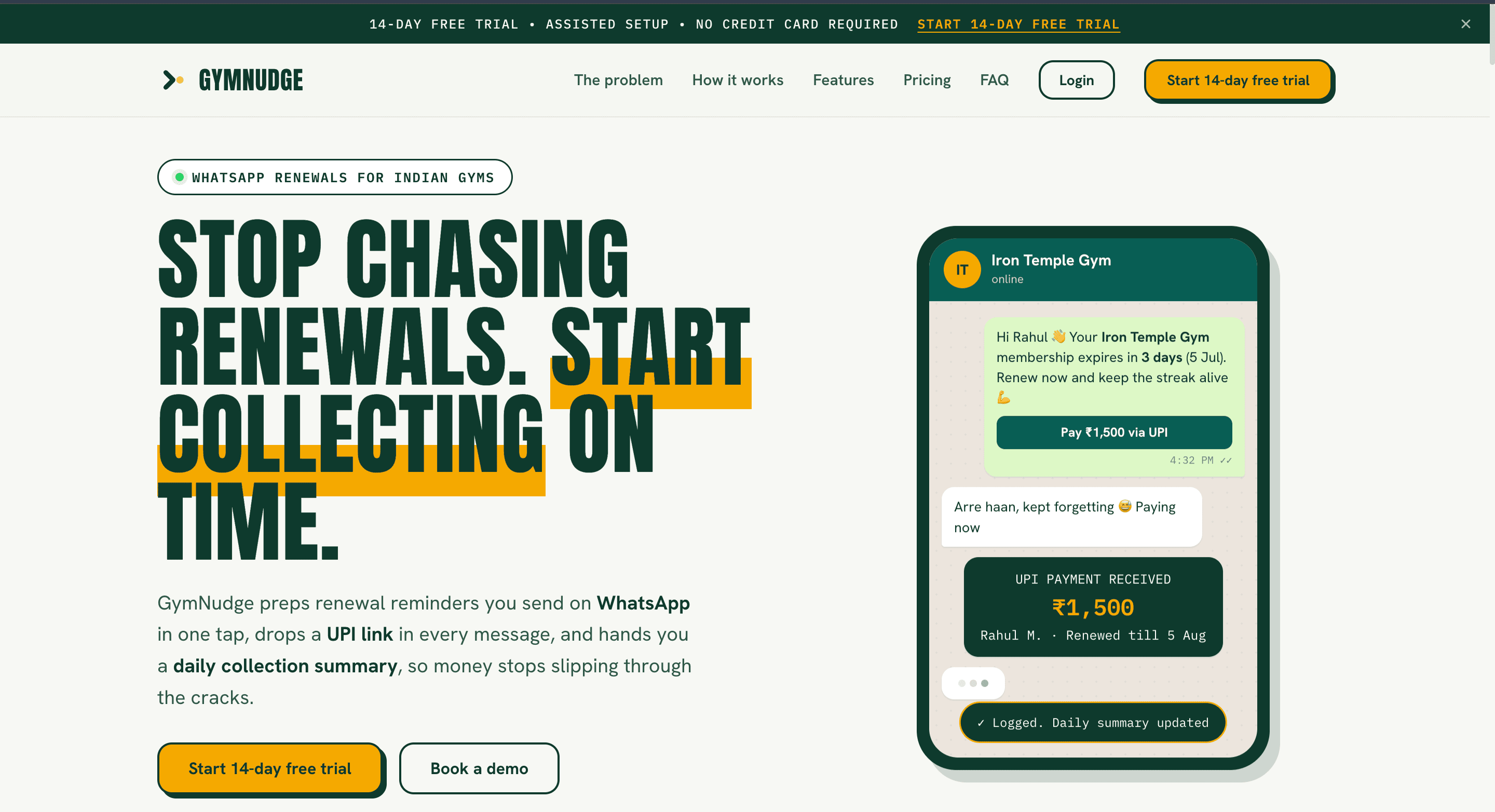 GymNudge dashboard showing gym renewals, collections and member activity