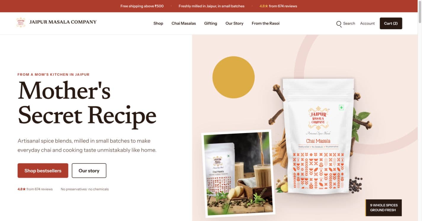 Jaipur Masala Company storefront homepage with the Mother's Secret Recipe hero and Chai Masala packaging